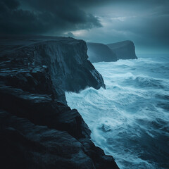 Stormy ocean waves crashing on rugged coastline cliffs in a powerful storm
