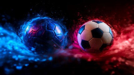 Naklejka premium Dynamic duel of soccer balls colliding with colorful energy effects
