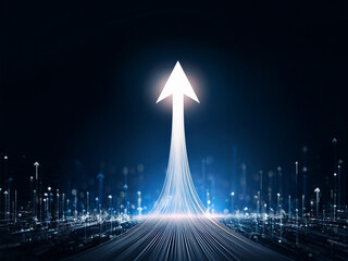 White arrow piercing upwards through digital elements. The artwork conveys themes of growth, advancement, technology, and digital transformation