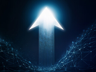 White arrow piercing upwards through digital elements. The artwork conveys themes of growth, advancement, technology, and digital transformation