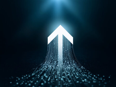White arrow piercing upwards through digital elements. The artwork conveys themes of growth, advancement, technology, and digital transformation
