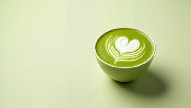 Matcha latte with foam and green tea powder on pastel background  
