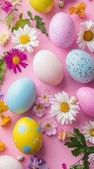 Fototapeta premium Vibrant Easter Eggs and Flowers on Pink Background for Mobile Wallpaper