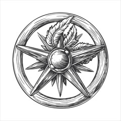 Vintage Compass Design with Floral Elements in Black and White Style