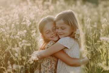 Love, kids and girls hug in nature outdoors while siblings happy bonding together. Portrait of children, best friends smile and relax happiness outdoors for healthy peaceful lifestyle on
