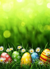 Easter Background with Green Grass, Daisies, and Colorful Eggs for Print on Demand
