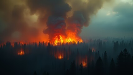 Obraz premium View of a forest fire from above. Several fires and smoke