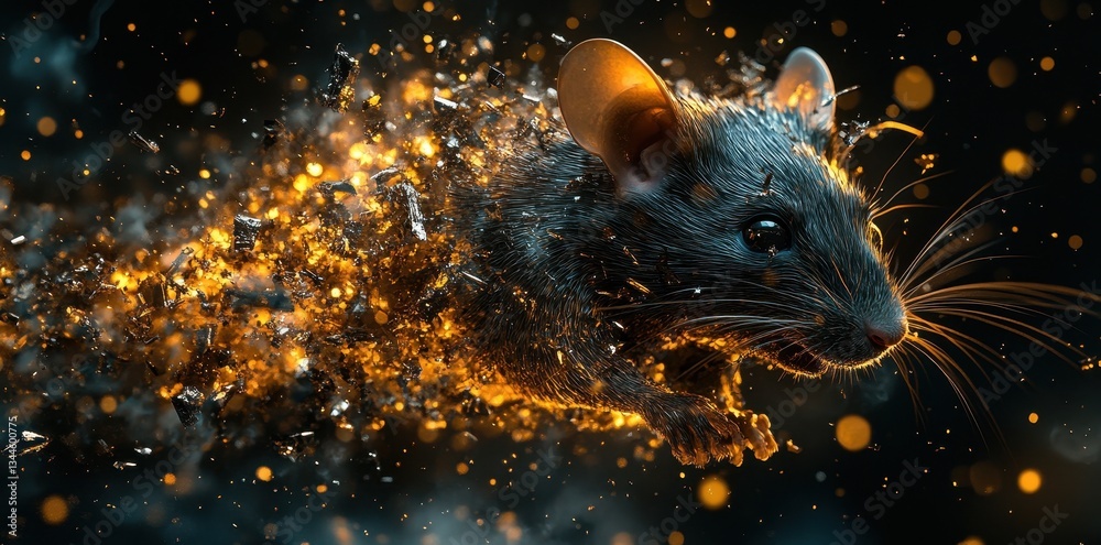 Poster a realistic mouse rapidly disintegrating into glowing fragmented particles