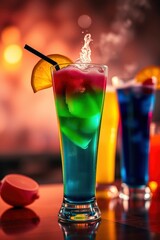 Colorful Layered Cocktail with Orange Slice and Straw on Bar