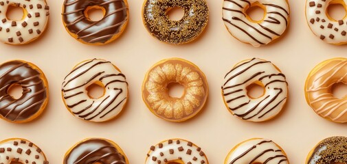 Fototapeta premium Seamless pattern of artisan brioche donuts, rich vanilla bean glaze, and gold-dusted sprinkles, a luxurious twist on a classic treat