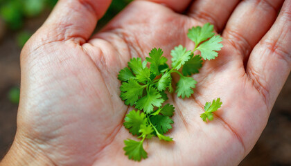 Coriander leaves image. Fresh coriander leaves on palm hand close up HD picture