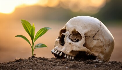 Growth Amidst Mortality: A poignant juxtaposition of life and death, featuring a delicate green sprout emerging from the earth beside a human skull, illuminated by the soft glow of sunlight.
