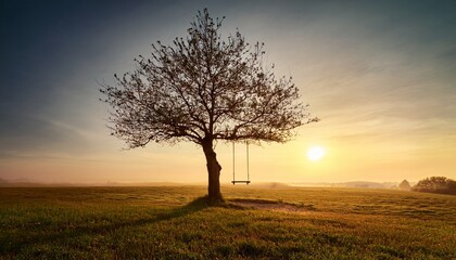 Solitary Tree with Swing at Sunset: A lone tree with a swing suspended from its branches stands silhouetted against a radiant sunset, painting a picture of tranquility and nostalgia.