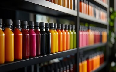 Fototapeta premium Refrigerator door shelves filled with neatly aligned juice bottles, sauces, and condiments in uniform containers