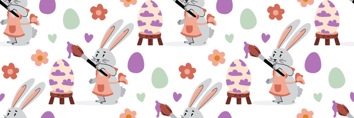 Easter rabbit seamless pattern. Festive game coloring eggs. Spring background with funny bunny, paint brush and colored eggs. For wrapping paper, textiles, children room. Flat illustration.