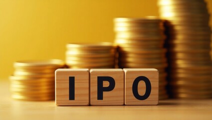 Closeup conceptual representation of an initial public offering ipo with ascending stacks of gold coins and bold wooden blocks spelling ipo symbolizing financial growth and investment opportunity