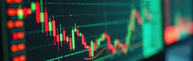 Computer software displays currency exchange stock charts for financial analysis. Financial diagram shows falling stock prices. Investment analyzing, global economy, crisis, bankruptcy, debt. Online
