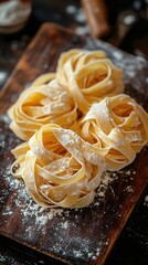  Close-up of freshly made tagliatelle nests dusted with flour resting on a dark wooden surface, showcasing homemade Italian cuisine and rustic charm.