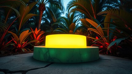 Illuminated Product Display Platform in a Tropical Rainforest Setting