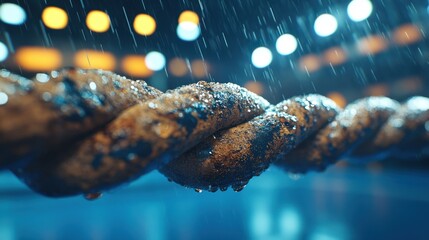 Wet Rope Under Dramatic Lighting in a Rainy Setting Close-Up