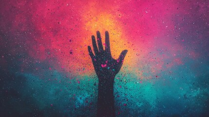 Human Hand Reaching Towards Colorful Sky in Abstract Cosmic Scene