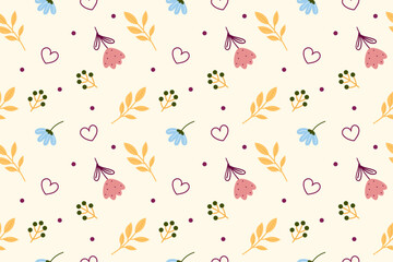 Abstract seamless pattern with flowers, leaves, branches. Vector background.
