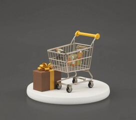 Shopping Cart with Gift Box on Display Stand for Online Commerce
