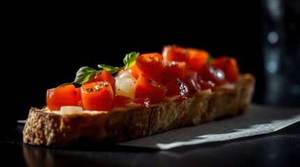 Tomato Bruschetta Topping on Bread with Basil on Dark Table