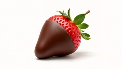 A chocolate covered strawberry with a green leaf on top.