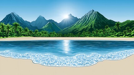 Tropical island beach with mountains for vacation ad