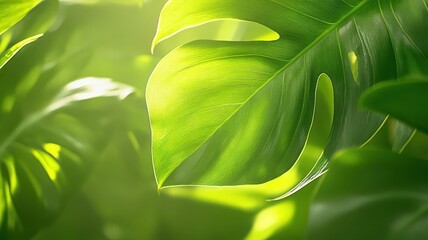 Sunlit Green Tropical Leaves Close Up