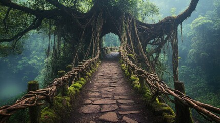 Obraz premium A bridge formed by tree branches, symbolizing sustainable connections. Room for text above.