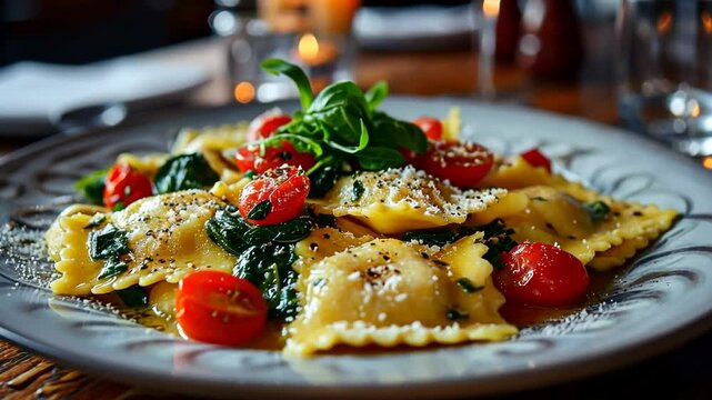 Delicious ravioli with spinach and cherry tomatoes served in a cozy restaurant setting
