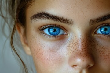 Fototapeta premium Close-Up Portrait of Young Girl with Bright Blue Eyes and Freckles