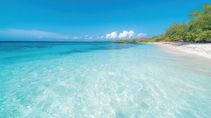 Tropical Beach Scene: Turquoise Water, White Sand, and Lush Vegetation Under a Blue Sky