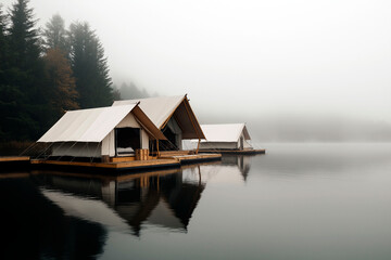 Fototapeta premium Floating glamping tents on a calm lake surrounded by misty forest, creating a serene and dreamy atmosphere, perfect for a tranquil and immersive nature retreat