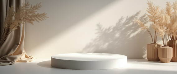 round white pedestal display with pampas grass and draped curtain