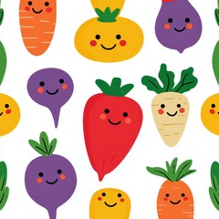 Fototapeta premium Seamless illustrated pattern of animated vegetables with expressive faces, a fun and vibrant design for childrens organic food branding