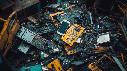 Pile of Electronic Waste with Circuit Boards and Mobile Devices