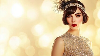 Glamorous Woman In Sparkling Outfit With Feathers.