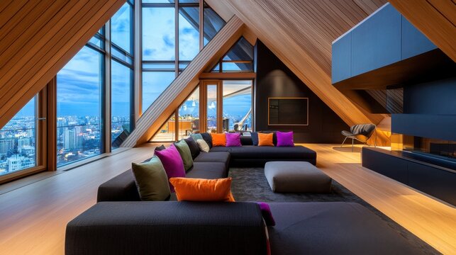 Vibrant shine attic loft living room, black walls, colorful pillows, dark gray sofa, legless armchairs, large panoramic windows, evening city view