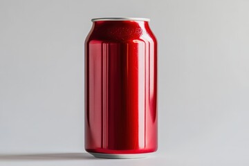 A single shiny red aluminum beverage can stands against the background