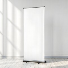 Blank White Roll-Up Banner Display in a Modern Room mockup