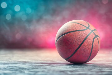 Basketball court with game ball, and night.