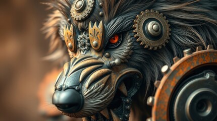 Steampunk Wolf Close-up with Gears and Intense Red Eyes