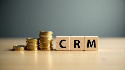 Closeup photograph of wooden blocks spelling crm with stacks of gold coins symbolizing business growth on a softly blurred gray background