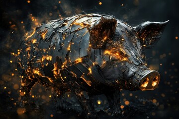 Obraz premium A glowing metallic pig sculpture exhibiting captivating artistry and design