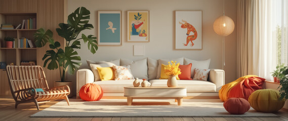 bright living room with beige sofa pillows and warm sunlight