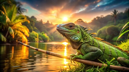 Fototapeta premium Golden Hour Lizard by the Water's Edge, Basking in Tropical Sunlight