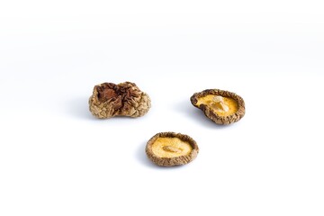 An elegant composition of dried shiitake mushrooms on white, emphasizing natural texture and earthy, umami colors.